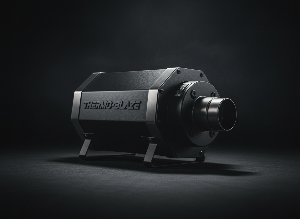 Compact diesel vehicle air heater unit on a dark industrial background