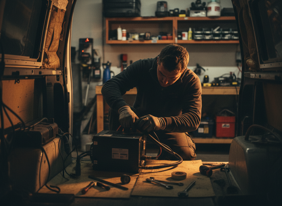 Technician installing a diesel heater in a workshop